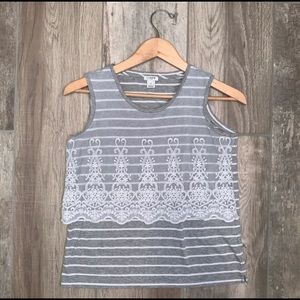 J CREW FACTORY Tank Top Stripe Lace Overlay Gray